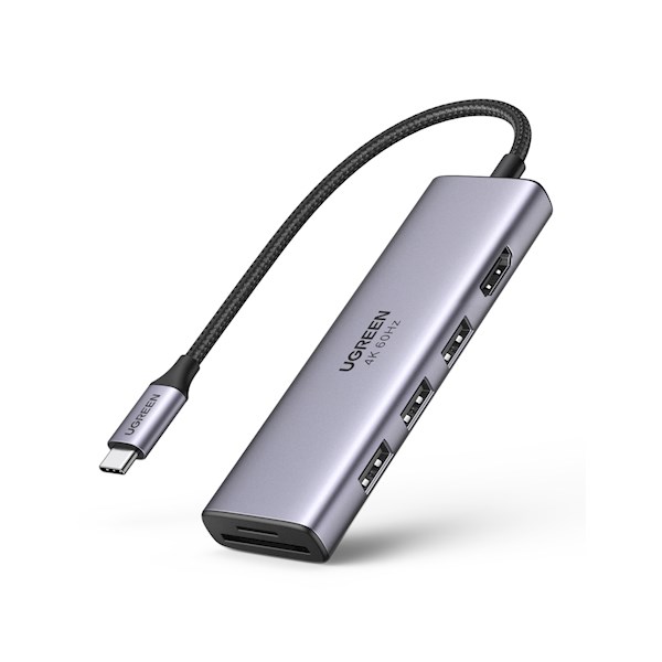 USB-C ჰაბი UGREEN CM511 Type-C (60384), 6-in-1 Adapter, USB-C Hub to 3xUSB3.0, HDMI, TF/SD, Gray